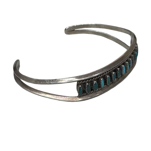 Signed Zuni Vintage Sterling Silver Needlepoint Turquoise Row Cuff Bracelet 925 - Picture 11 of 13